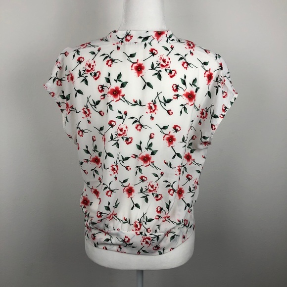 Triple Seven Button Up Front Tie Floral Blouse Large Cap Sleeves - Picture 6 of 14